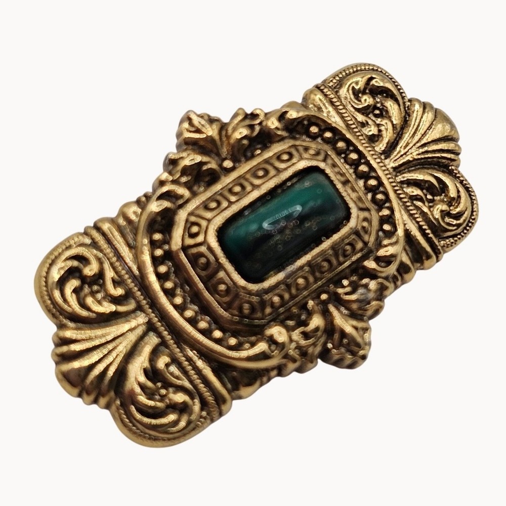 VTG Gold-Toned Brooch 1928 Ornate Green Stone Center Fashion Victorian Revival